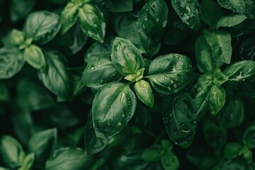 Wall Mural - Water drops resting on vibrant green basil leaves, creating a refreshing scene of nature's beauty after a rainfall