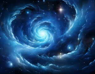 Wall Mural - abstract cosmic scene featuring a swirling blue nebula with bright stars scattered across a deep dar