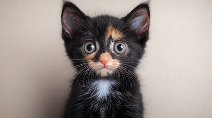 Wall Mural - Adorable black and orange kitten with large eyes looking curiously at the camera indoors