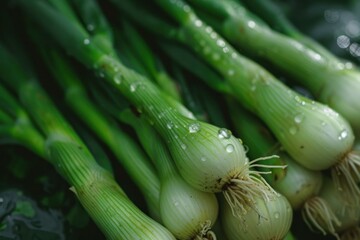 Poster - Close up of fresh spring onions with visible water droplets, highlighting their freshness and quality
