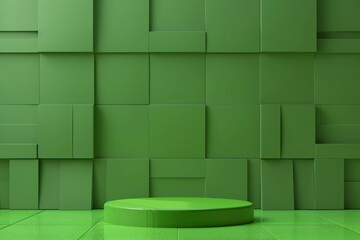 Poster - Green round podium displaying products on textured floor and wall with geometric pattern