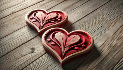 2 wooden hearts on a wooden floor