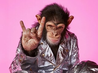 Wall Mural - chimpanzee wearing a metallic silver jacket, making a rock hand gesture against a pink background. a