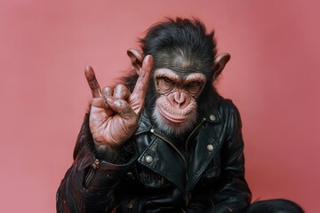 Wall Mural - chimpanzee wearing a black leather jacket making a rock hand gesture against a soft pink background.