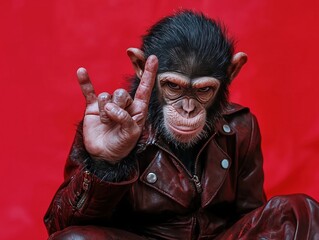 Wall Mural - a chimpanzee in a leather jacket showing a rock hand gesture against a red background, representing 