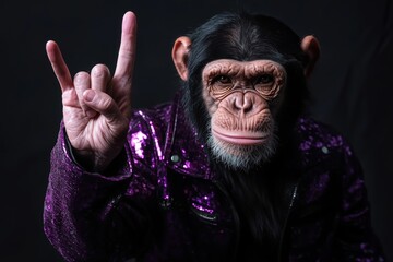 Wall Mural - a chimpanzee in a shiny purple jacket making a rock hand gesture, exuding confidence and humor again