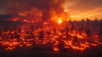 Wall Mural - Fiery forest fire at sunset, firefighters battling blaze.