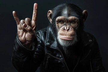 Wall Mural - chimpanzee wearing a black leather jacket, posing with a rock hand gesture. a humorous and rebelliou