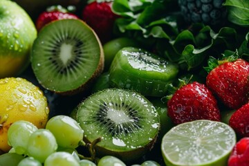 Poster - sliced kiwi fruit surrounded by strawberries, grapes, lime and apple promoting healthy eating