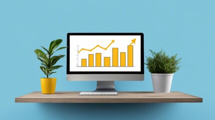 Wall Mural - Computer displaying growth chart with potted plants on floating shelf against blue wall