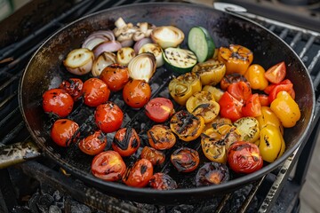 Colorful vegetables grilling in a pan over hot coals, creating a delicious and healthy summer meal