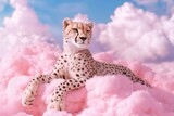 A graceful cheetah lounging on fluffy pink clouds under a blue sky, blending elegance and fantasy in a surreal and dreamy setting.