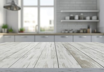 Aufkleber - Whitewashed wooden surface with a blurred modern kitchen background featuring open shelves and natural light. Perfect for product presentations, culinary branding, and decor showcases