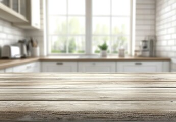 Aufkleber - Rustic wooden surface with a blurred modern kitchen background featuring white cabinetry and large windows. Perfect for food branding, kitchen decor ads, and product presentations