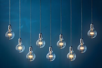 Poster - Lit light bulbs hanging against a blue background represent concepts of idea, innovation, and creativity