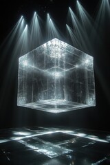 Canvas Print - Large ice cube illuminated, dark background.