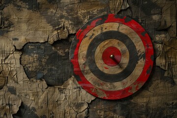 Poster - Achieving goals symbolized by a vintage, weathered target on a cracked wooden background, representing perseverance and overcoming challenges