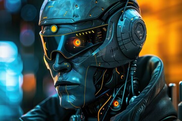 Poster - Futuristic android wearing a helmet and visor in a cyberpunk city, showcasing advanced robotics and artificial intelligence