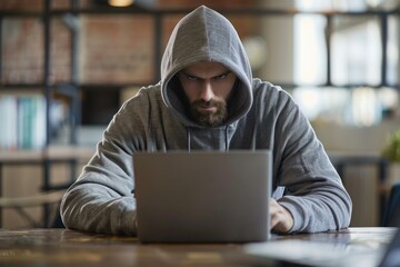 Poster - Computer programmer developing malware using laptop while wearing hoodie