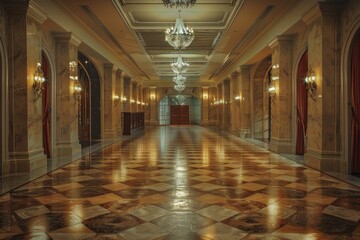 Poster - Elegant interior of a palace hall featuring crystal chandeliers, marble floor, and ornate wall sconces, creating a luxurious and opulent atmosphere