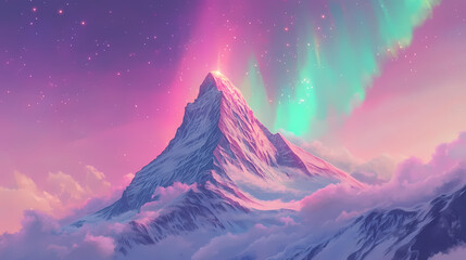 Wall Mural - Celestial symphony: a vibrant aurora borealis dances across the sky, illuminating a majestic mountain peak with ethereal light. Aurora Peak. Illustration