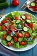 © Vadym - Fresh vegetable salad with blue cheese on plate. Healthy, delicious meal with tomatoes cucumbers, lettuce. Good choice for lunch dinner. Perfect for vegetarians, diet conscious people. Salad great