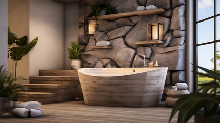 A relaxing spa-inspired bathroom featuring minimalist decor, calming tones, and elegant design elements for a tranquil atmosphere.