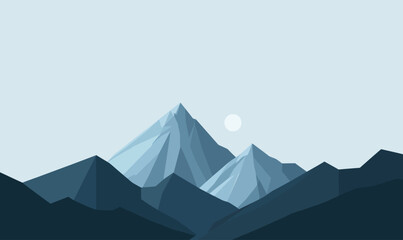 Minimalist Mountain Landscape Art with Sun in Flat Design Style Illustration