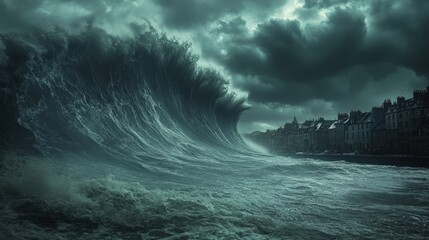 Canvas Print - Immense wave crashes near coastal town, stormy sky.