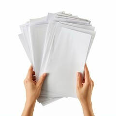 Poster - Woman holding stack of blank papers on white background