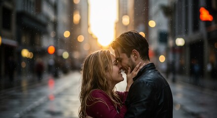 couple in the rain sharing a loving kiss at sunset in a romantic city backdrop