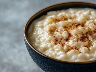 Wall Mural - Bowl of creamy rice pudding with a sprinkle of cinnamon. Emphasizing the comfort and sweetness of the dessert. Ideal for food blogs and dessert recipes.