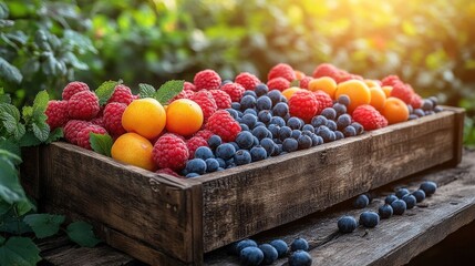 Wall Mural - Freshly harvested berries and fruits displayed in a rustic wooden crate under soft sunlight