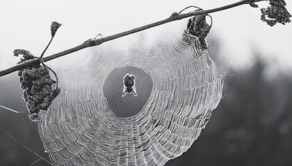 spider in a spider web with dew on branch, green grass, selective focus; macrophotography of insects; natural background;black and white photo of a spider in a web