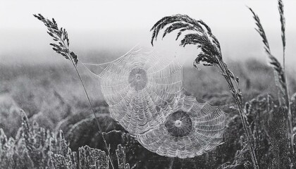 spider in a spider web with dew on branch, green grass, selective focus; macrophotography of insects; natural background;black and white photo of a spider in a web