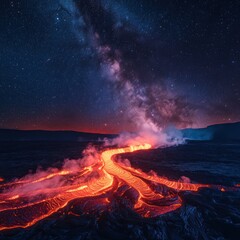 Canvas Print - Lava flow under Milky Way galaxy.