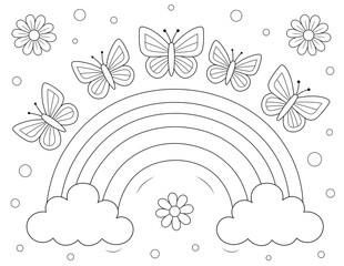 coloring page, line drawing of rainbow and butterflies. ready to print on standard 8.5 x 11 inch pap