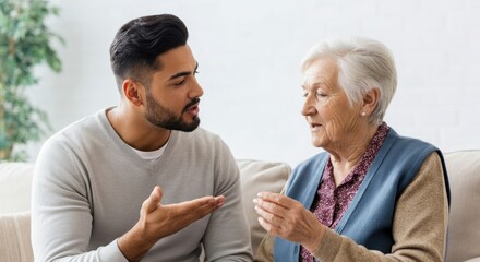 Wall Mural - Man and an old woman are sitting on a couch