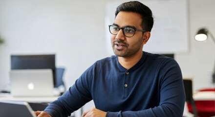 Wall Mural - Man wearing glasses is sitting at a desk with a laptop