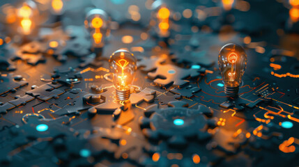 Poster - Illuminated light bulbs on puzzle like surface, symbolizing innovation and creativity. warm glow contrasts with cool tones of background, creating captivating visual