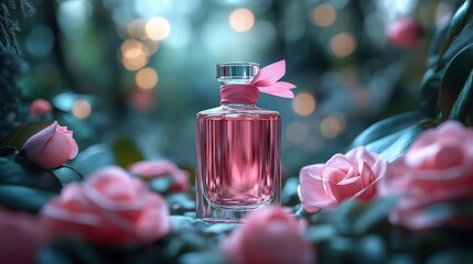 Wall Mural - Elegant pink perfume bottle surrounded by blooming roses in a dreamy garden setting