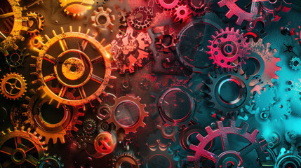 Poster - Abstract gears in vibrant colors create dynamic industrial background, showcasing intricate mechanical designs and textures. interplay of light and shadow adds depth and interest