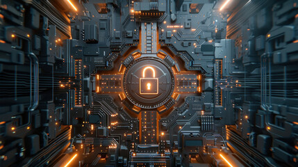 Poster - digital lock symbol surrounded by intricate circuit patterns and glowing lights, representing cybers
