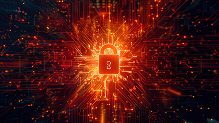 Poster - glowing padlock symbol surrounded by digital circuitry and bright sparks, representing cybersecurity
