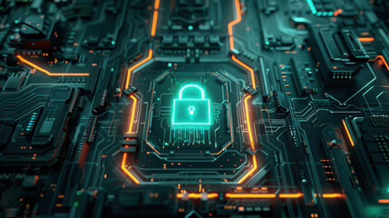 Poster - digital lock symbol on circuit board background, representing cybersecurity and data protection. vib