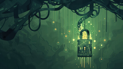 Poster - digital illustration of padlock surrounded by abstract green vines and glowing elements, symbolizing security and mystery. vibrant colors create intriguing atmosphere