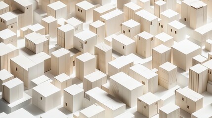 Poster - Aerial view of numerous white cardboard boxes arranged in a creative urban layout, showcasing minimalism