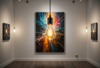 A glowing Edison bulb hangs in a modern art gallery, centered before an abstract painting, showcasing vibrant colors and creating an inviting atmosphere.