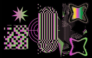 Poster - Brutalism and internet pixel graphics inspired vector collage made with simple geometric shapes and grunge texture in holographic bold colors, useful for poster art and digital prints.