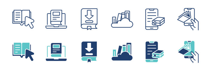 Aufkleber - simple library online book icon line set education digital learning media download arrow e-book journal literature business document signs vector illustration